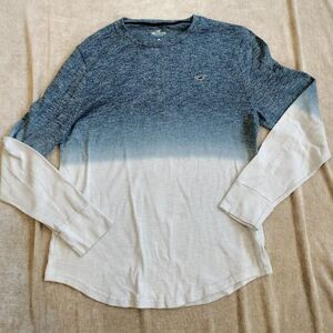 Hollister Men's Blue and White Dip Dye Ombre Long Sleeve Crew Neck Shirt Size M